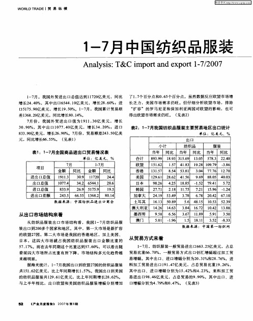 1-7月中国纺织品服装进出口分析