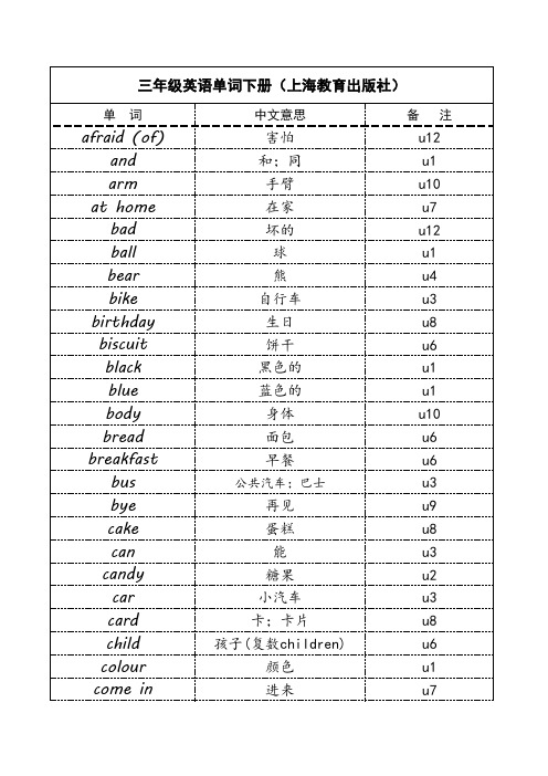 三年级英语单词下册(上海教育出版社)