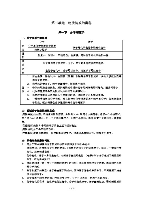 初中化学知识点归纳：第三单元物质构成的奥秘