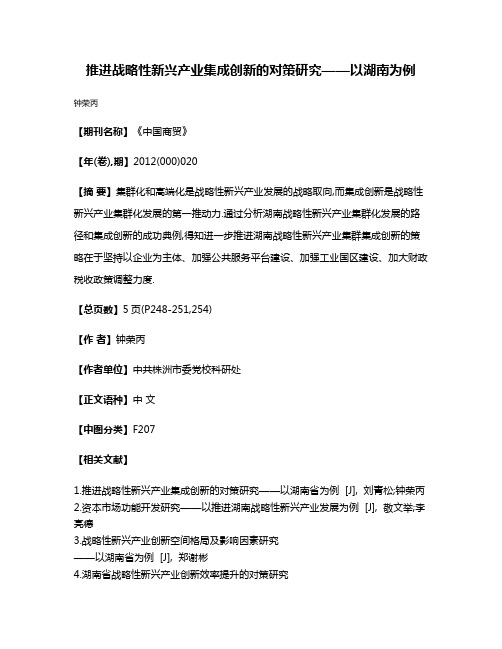 推进战略性新兴产业集成创新的对策研究——以湖南为例