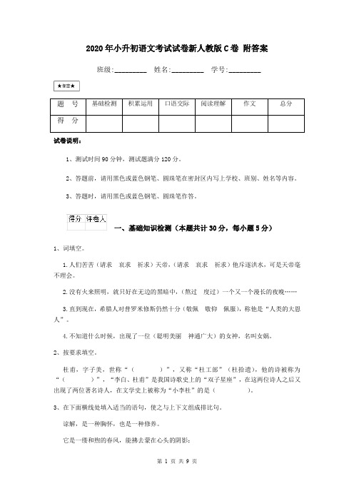 2020年小升初语文考试试卷新人教版C卷 附答案