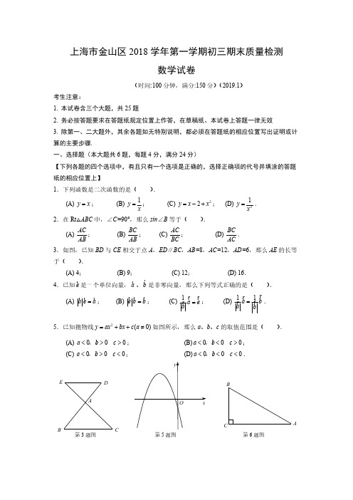 2019中考金山区初三数学一模及答案