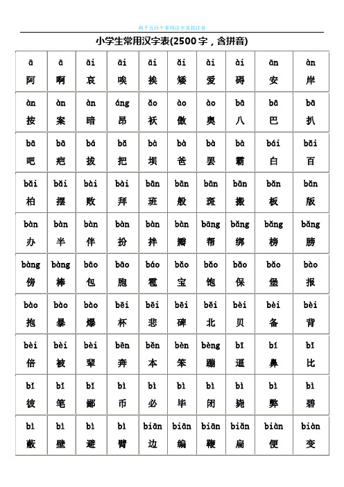 最好的小学生常用汉字表(2500字-含拼音)