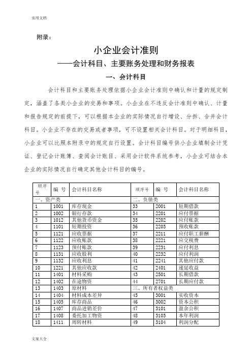 小企业会计准则附录(会计科目、主要账务处理和财务报表)