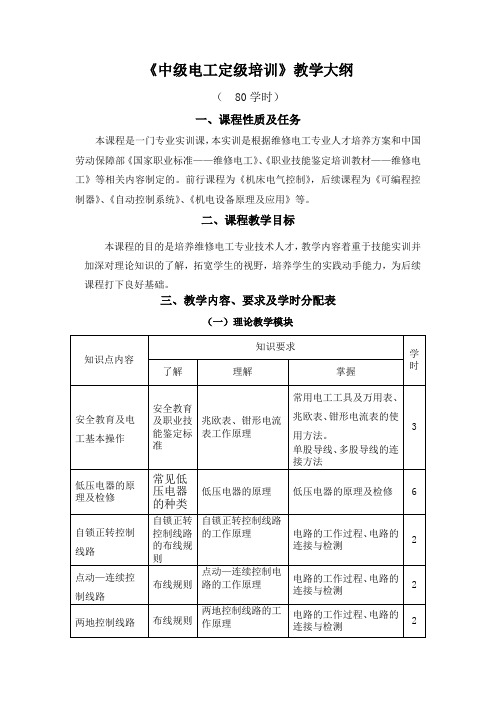 中级电工定级培训大纲