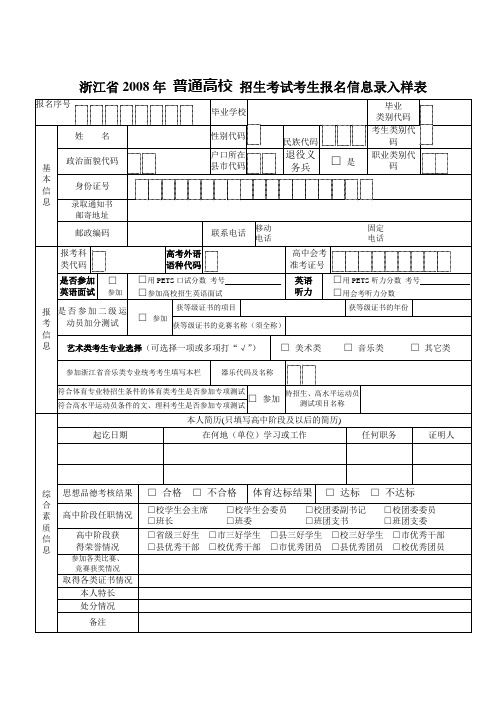 浙江省2008年普通高校招生考试考生报名信息录入样表