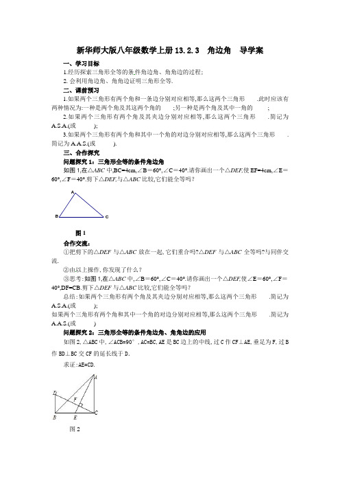 新华师大版八年级数学上册13.2.3  角边角  导学案