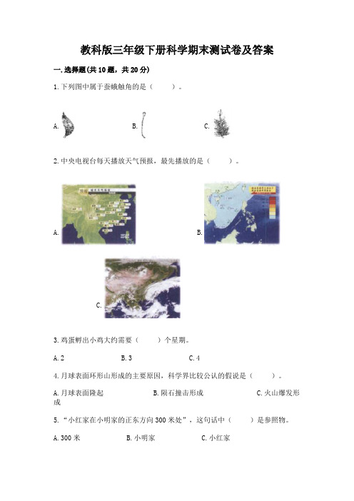 教科版三年级下册科学期末测试卷【夺分金卷】