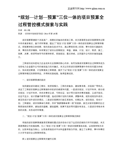 “规划—计划—预算”三位一体的项目预算全过程管控模式探索与实践