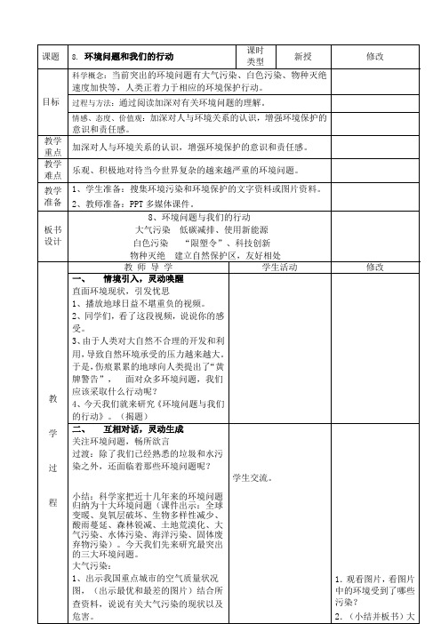 教科版小学科学六年级下册《四 环境和我们 环境问题和我们的行动》优质课教学设计_1