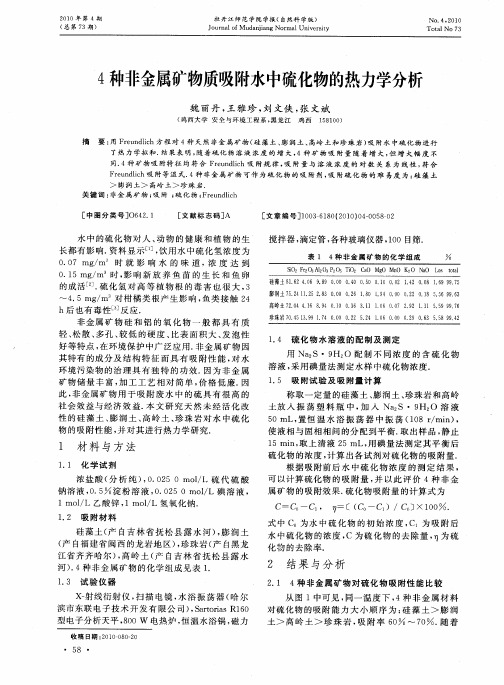 4种非金属矿物质吸附水中硫化物的热力学分析