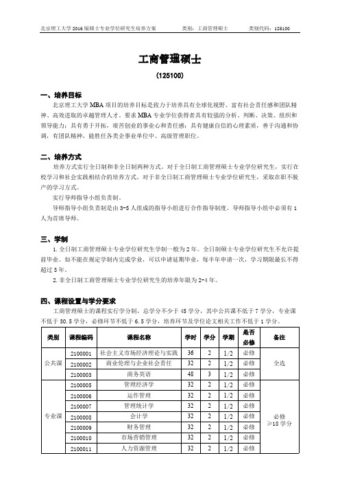 北京理工大学-2016版专业学位硕士研究生培养方案(2017年修订)-工商管理硕士