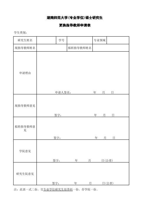 湖南师范大学(专业学位)硕士研究生更换指导教师申请审批表