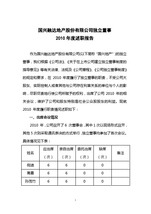 国兴地产:独立董事2010年度述职报告
2011-04-26