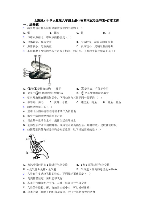 上海进才中学人教版八年级上册生物期末试卷及答案-百度文库