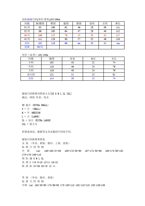 服装尺码对比及换算