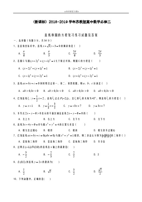 2020-2021学年苏教版高中数学必修二《直线和圆的方程》复习测试题及解析