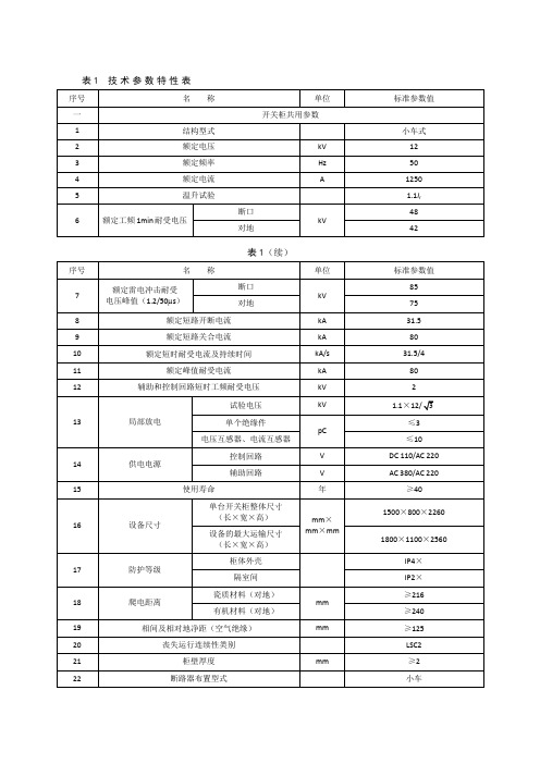 进线柜技术参数表