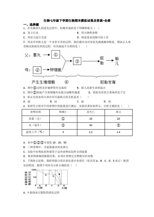 生物七年级下学期生物期末模拟试卷及答案-全册