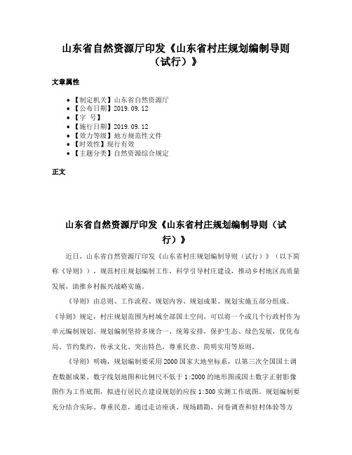 山东省自然资源厅印发《山东省村庄规划编制导则（试行）》