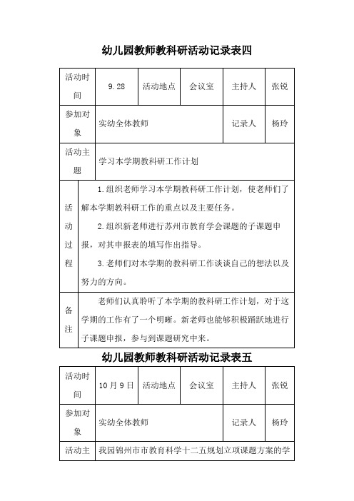 幼儿园教师教科研活动记录表四