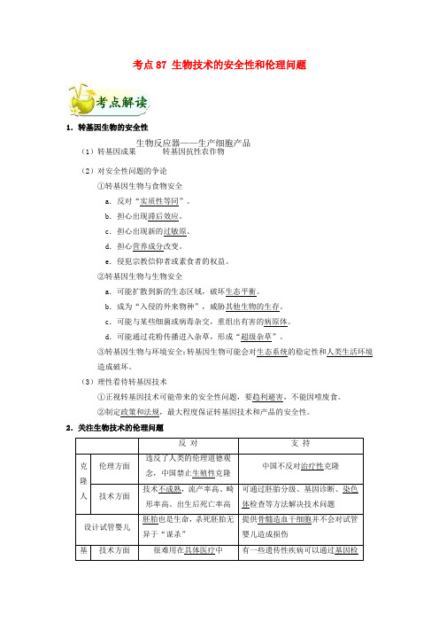 备战2019年高考生物 考点一遍过 考点87 生物技术的安全性和伦理问题(含解析)