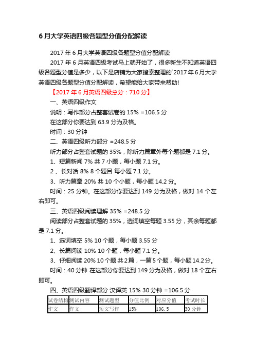 6月大学英语四级各题型分值分配解读