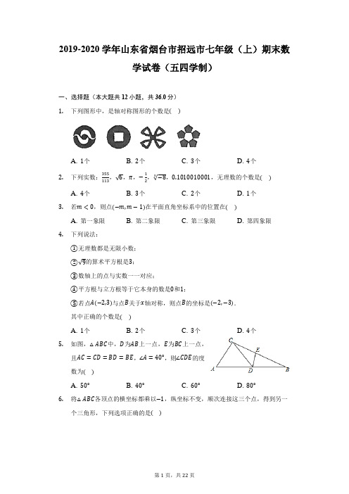 2019-2020学年山东省烟台市招远市七年级(上)期末数学试卷(五四学制)(附答案详解)