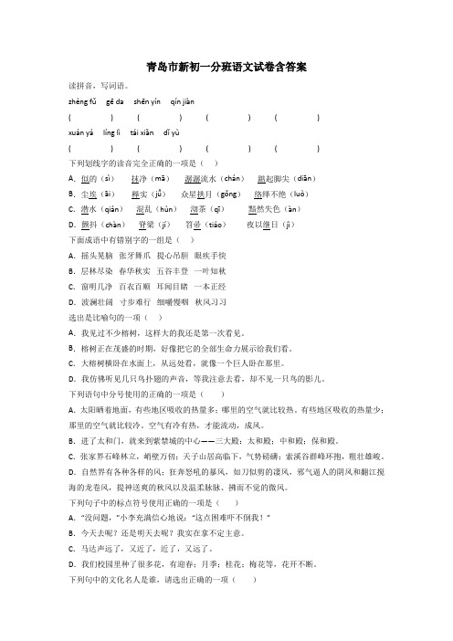 青岛市新初一分班语文试卷含答案