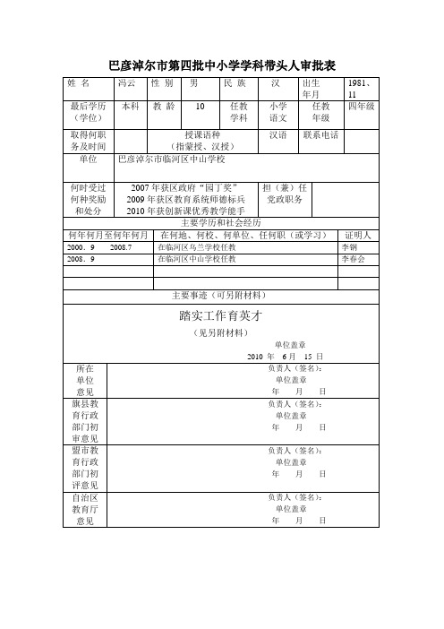 巴彦淖尔市第四批中小学学科带头人审批表