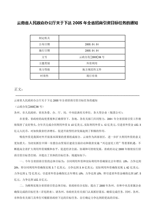 云南省人民政府办公厅关于下达2005年全省招商引资目标任务的通知-云政办发[2005]56号