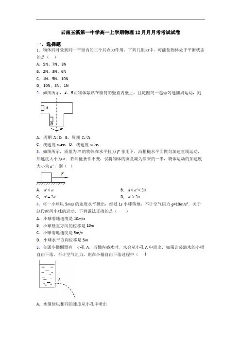 云南玉溪第一中学高一上学期物理12月月月考考试试卷