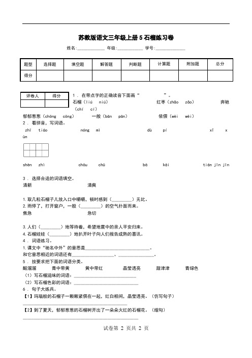 苏教版语文三年级上册5石榴练习卷.doc