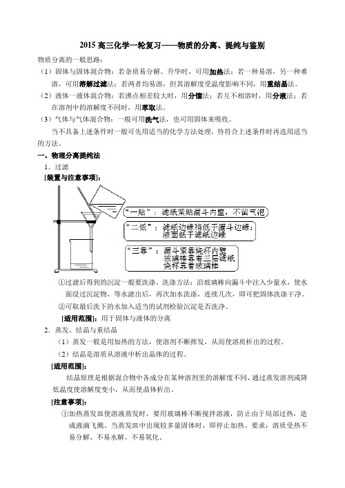 2015高三化学一轮复习学案——物质的分离提纯与鉴别