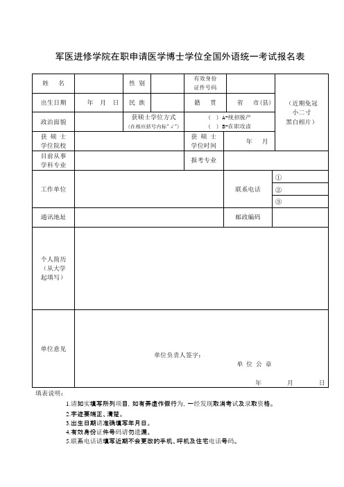 军医进修学院在职申请医学博士学位全国外语统一考试报名表