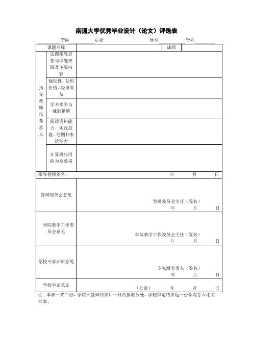 南通大学优秀毕业设计(论文)评选表