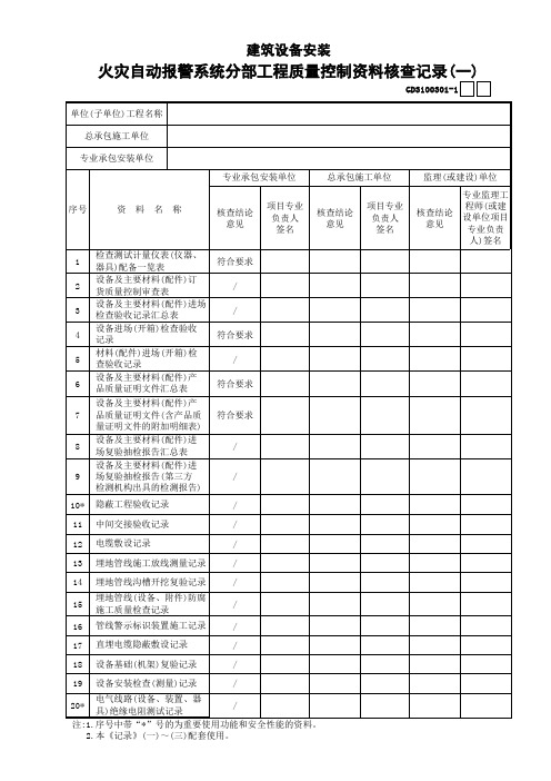 火灾自动报警系统分部工程质量控制资料核查记录表