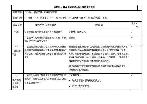 ISO9001-2015质量管理体系内部审核检查表