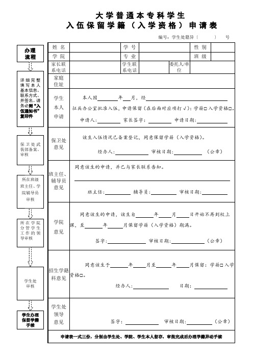 入伍保留学籍(入学资格)申请表