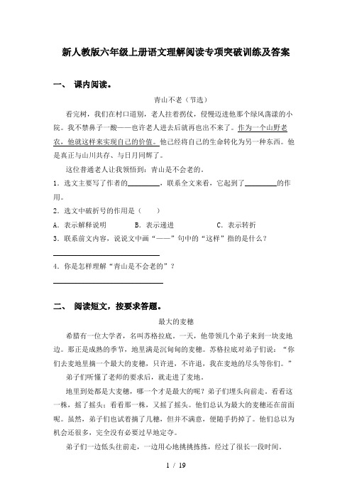 新人教版六年级上册语文理解阅读专项突破训练及答案