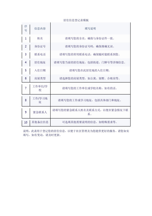 居住信息登记表模板