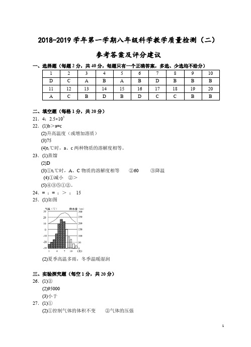 (嘉兴)2018-2019学年第一学期八年级科学教学质量检测(二)参考答案及评分建议