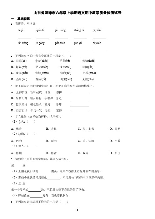 山东省菏泽市六年级上学期语文期中教学质量检测试卷(含答案)