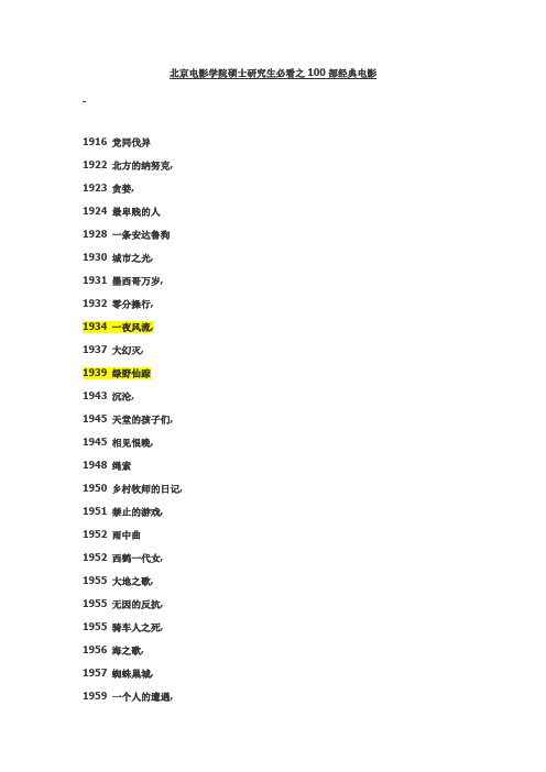 北京电影学院硕士研究生必看之100部经典电影