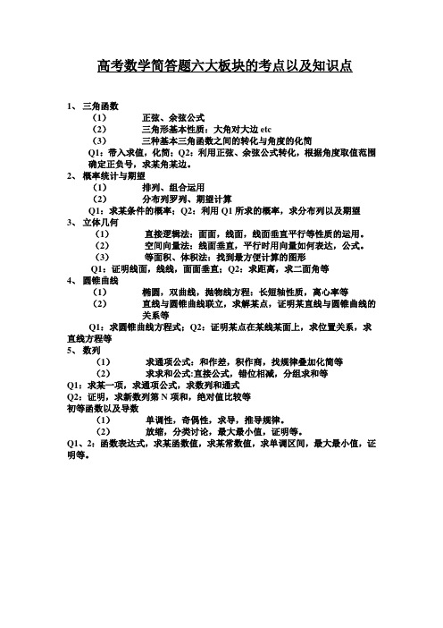 高考数学简答题六大板块的考点以及知识点