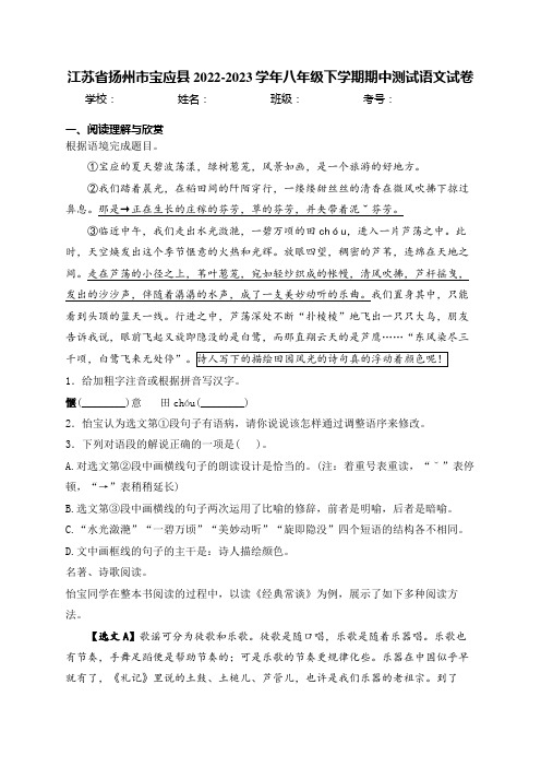 江苏省扬州市宝应县2022-2023学年八年级下学期期中测试语文试卷(含答案)