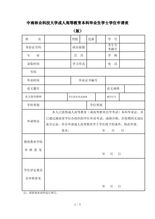 中南林业科技大学成人高等教育本科毕业生学士学位申请表