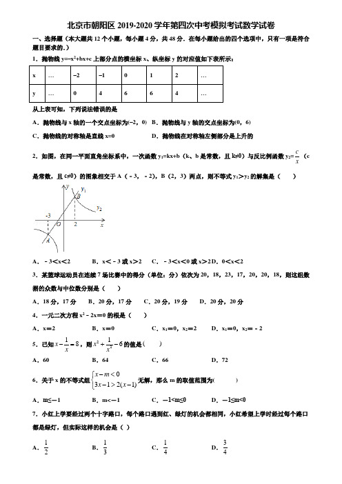 北京市朝阳区2019-2020学年第四次中考模拟考试数学试卷含解析