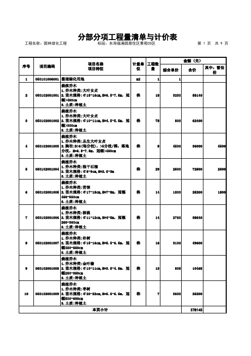 园林绿化工程报价单