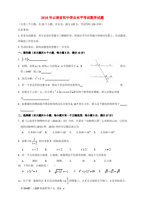 云南省2016年中考数学真题试题(含答案)